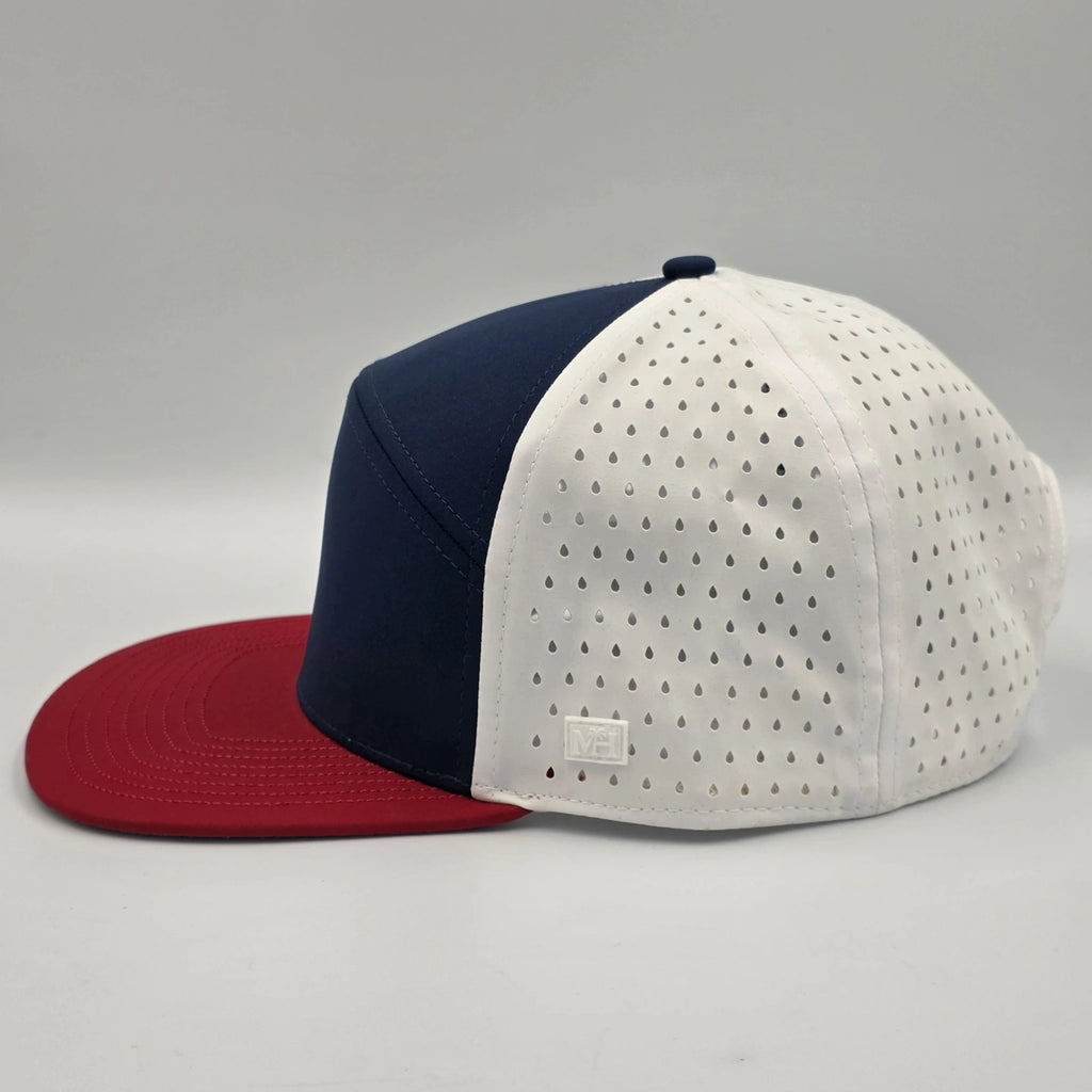 Multicolored cap with navy, white, and red sections on a light gray background variant-seventy-six