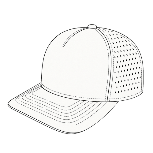 Line drawing of a baseball cap with perforated design on a white background Size: Classic - 57cm to 59cm
Size: Small - 55cm to 58cm
